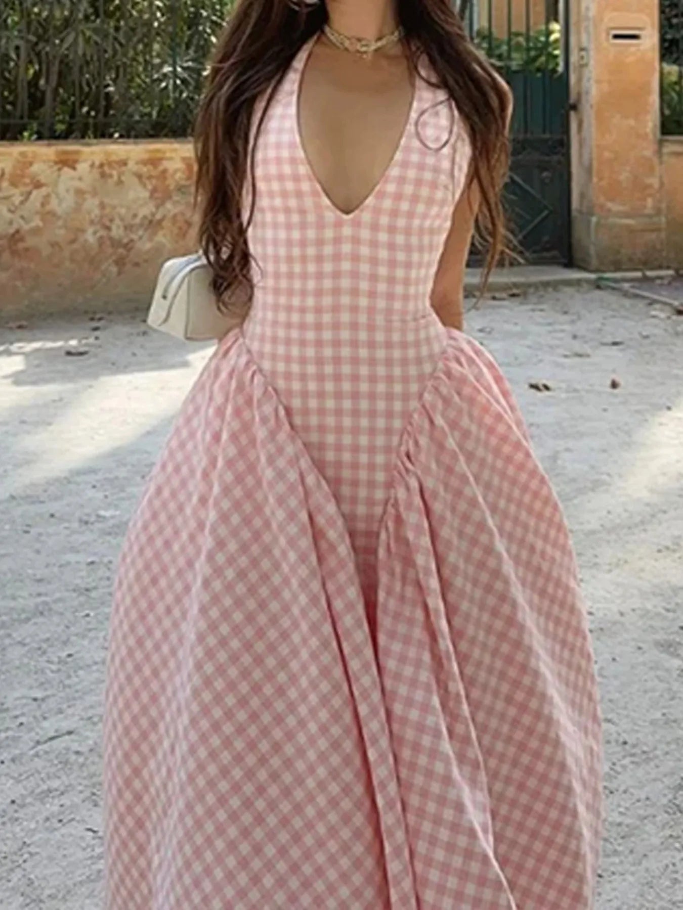 Full Size Gingham Halter Neck Maxi Dress Plus Size