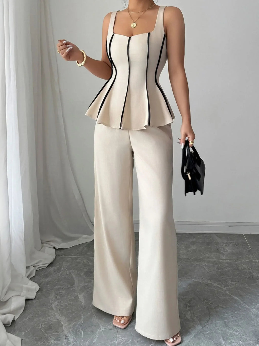 Contrast Piping Top and Wide Leg Pants Set