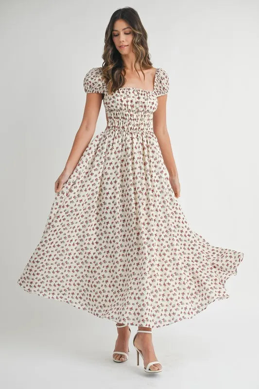 MABLE Floral Print Puff Sleeve Gathered Midi Dress