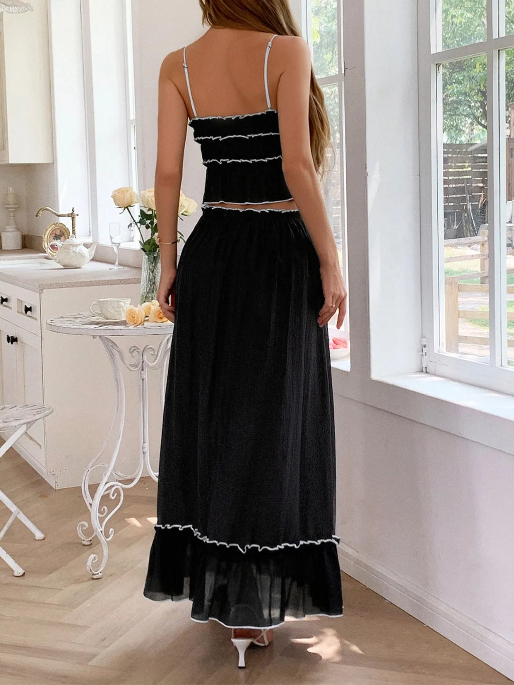 Frill Square Neck Cami and Skirt Set