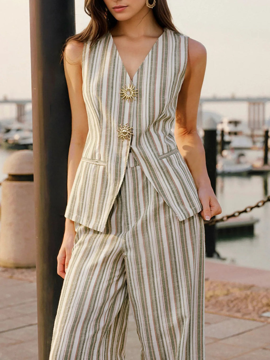 Striped Sleeveless V-Neck Top and Pants Two-Piece Set