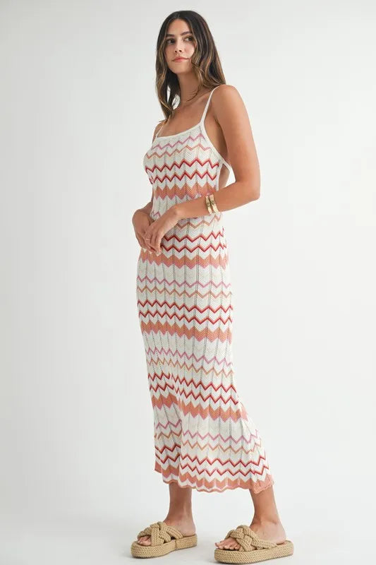 MABLE Lightweight Pointelle Chevron Knit Maxi Dress