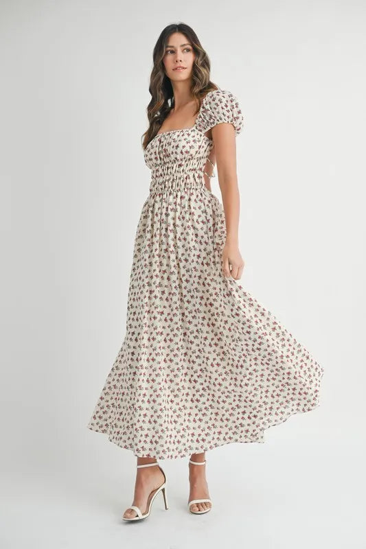 MABLE Floral Print Puff Sleeve Gathered Midi Dress