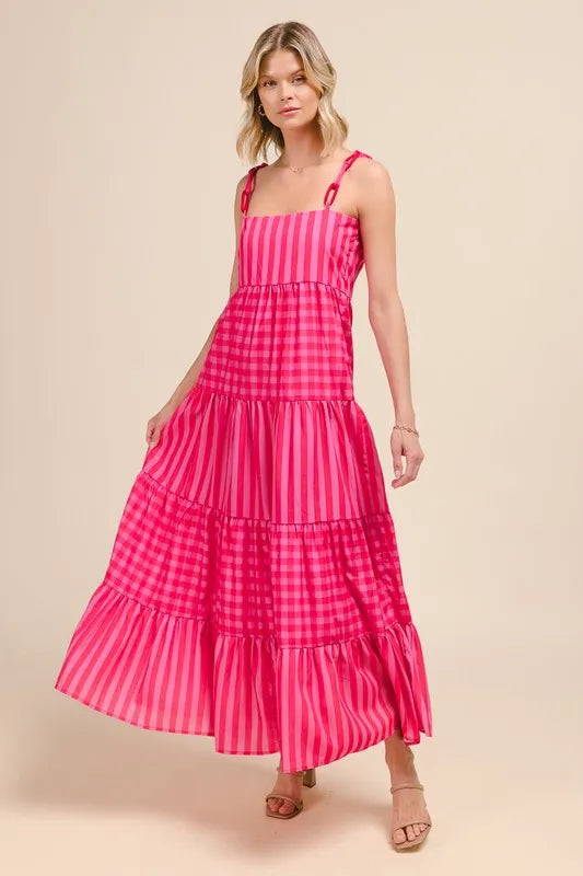 SO ME Stripe Tiered Maxi Dress with Colorful Chain Strap