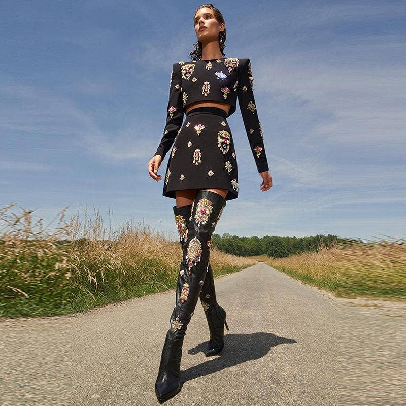 Delaney Black Rhinestone Top and Skirt Two Piece Set