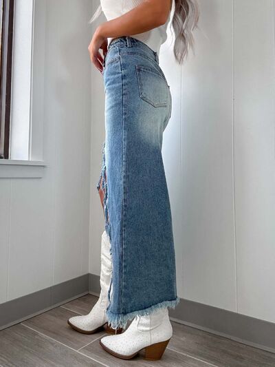 High-Waist Raw Hem Asymmetry Denim Skirt