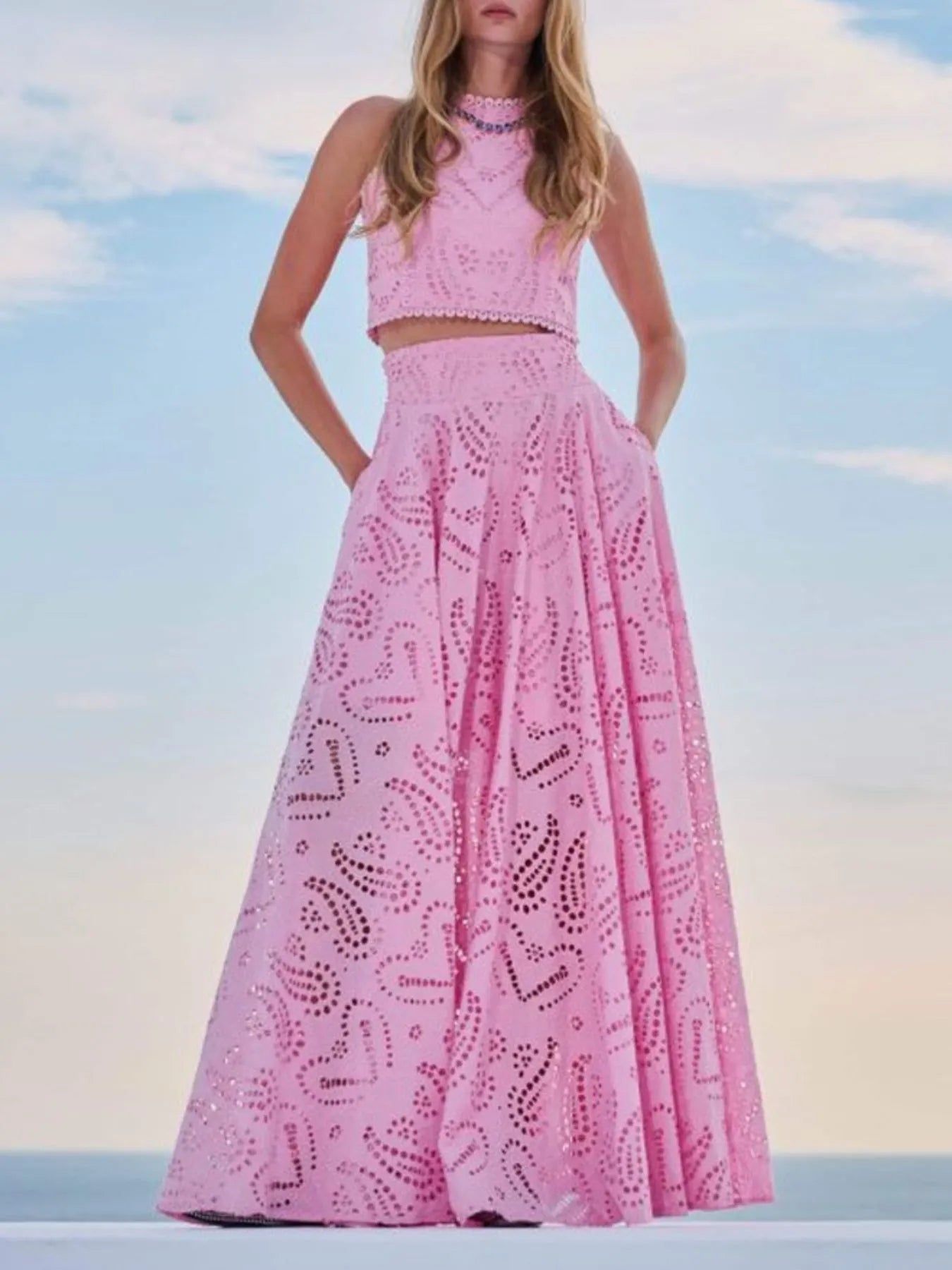 Eyelet Lace Top and Maxi Skirt Set