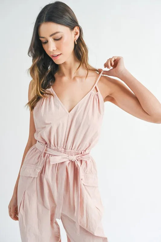 MABLE Washed Fabric Spaghetti Strap Waist Belted Jumpsuit