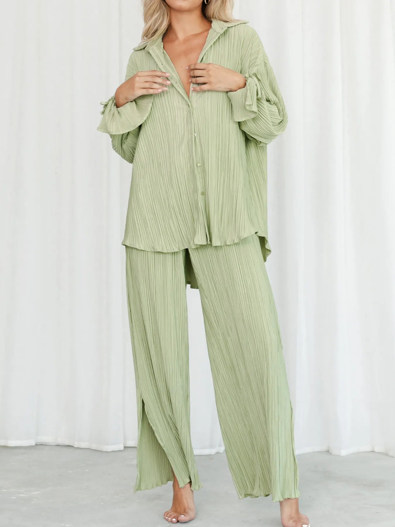 Button Up Long Sleeve Top and Pants Set