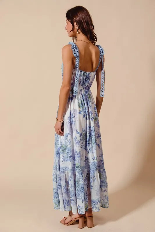 SO ME Floral Print Flowy Maxi Dress with Lace Ribbon Tie