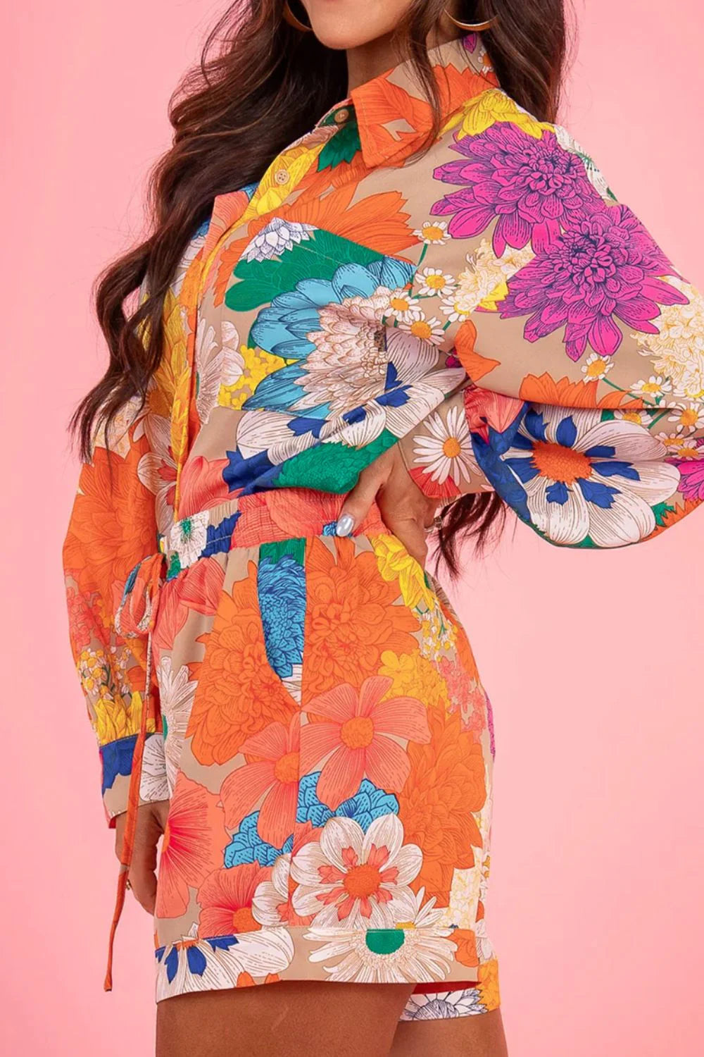 Printed Button Up Long Sleeve Top and Shorts Set