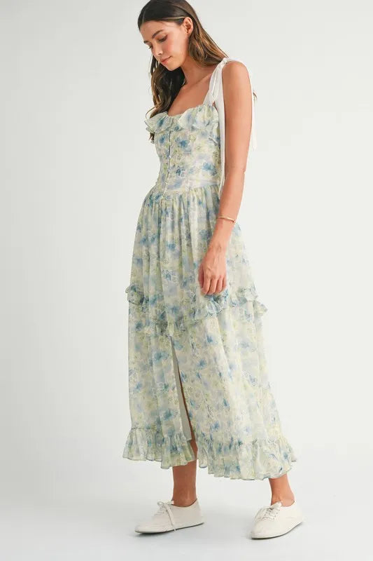 MABLE Floral Printed Shoulder Strap Midi Dress