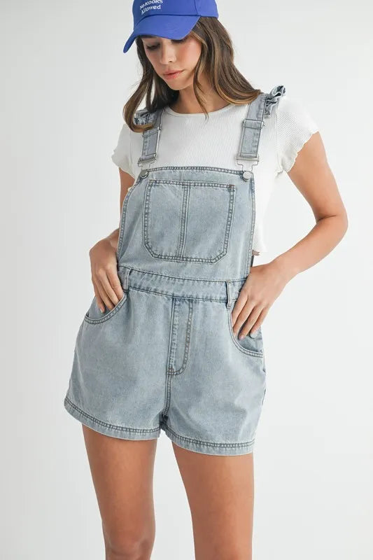 MABLE Square Neck Ruffle Shoulder Denim Overall Romper