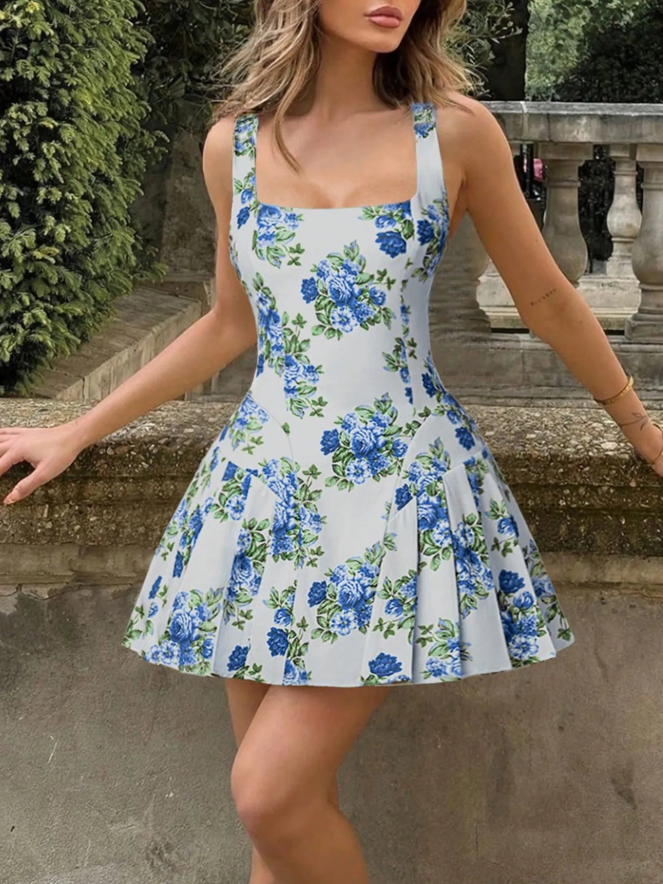 Pleated Floral Print Square Neck Mini Dress