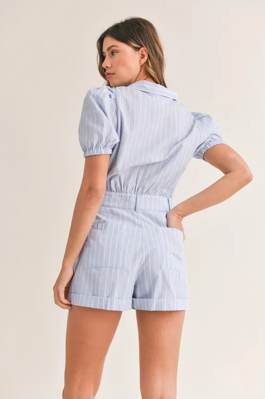 MABLE Striped Puff Sleeve Collared Neck Romper