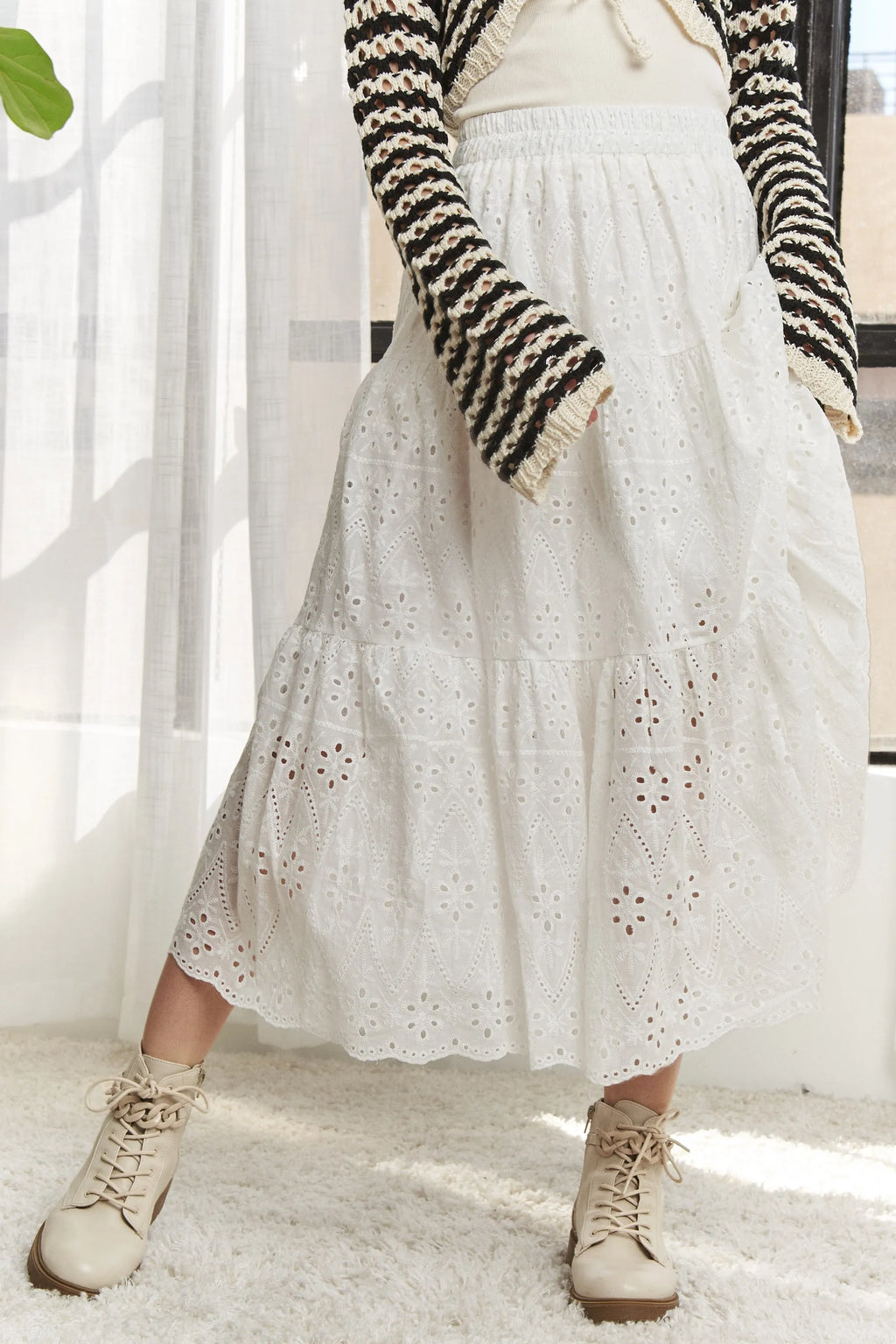 ADORA Elastic Waistband Tiered Midi Skirt