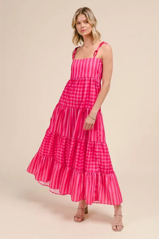SO ME Stripe Tiered Maxi Dress with Colorful Chain Strap
