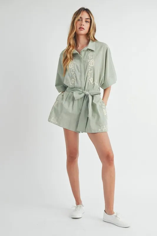 MABLE Embroidered Button Down Collared Neck Romper