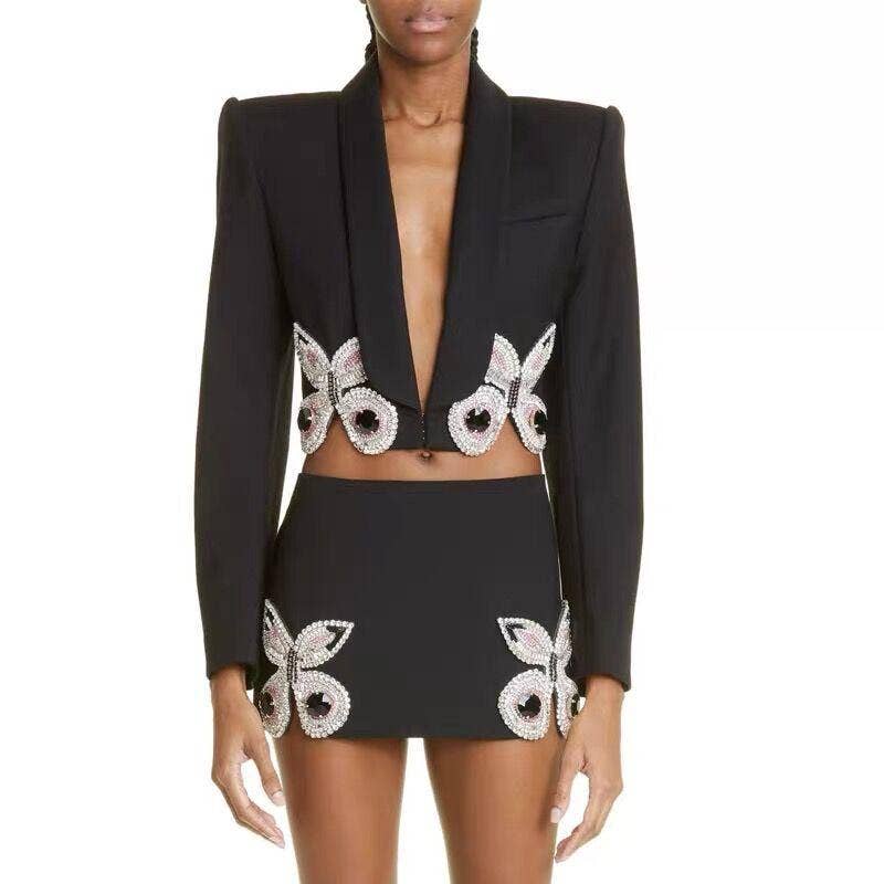 Madeline Black Crystal Butterfly Black Blazer and Mini Skirt Two Piece Set