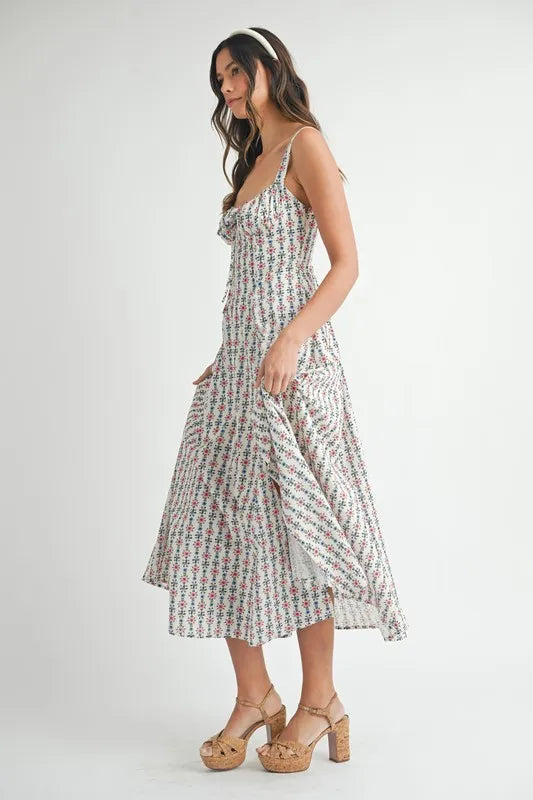 MABLE Floral Print Bustier Back Lace Up Midi Dress