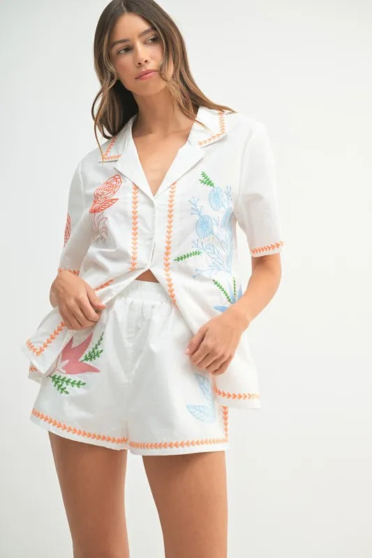 MABLE Embroidered Button Down Shirt and Shorts Set
