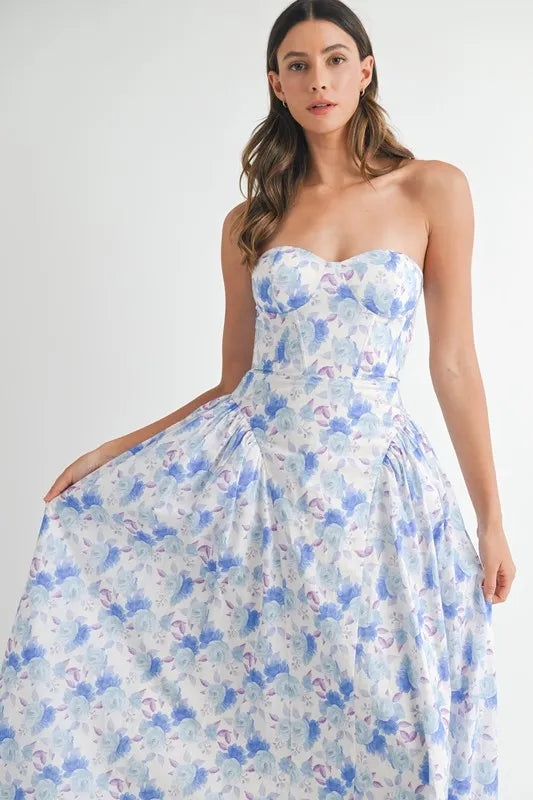 MABLE Sweetheart Neckline Floral Printed Midi Dress