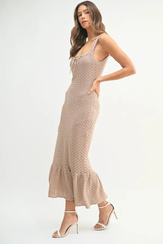 MABLE Ruffled Hem Sleeveless Crochet Knit Midi Dress