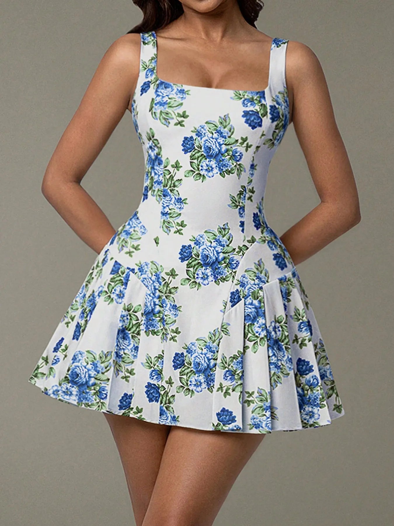 Pleated Floral Print Square Neck Mini Dress