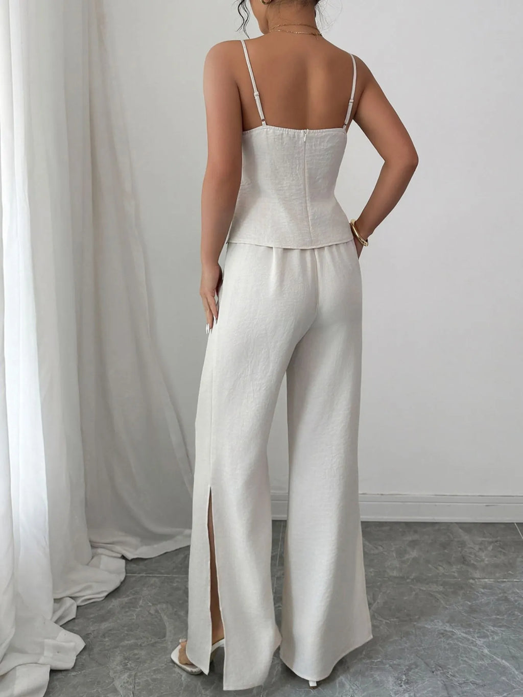 Cutout Back Zipper Cami and Wide Leg Pants Set