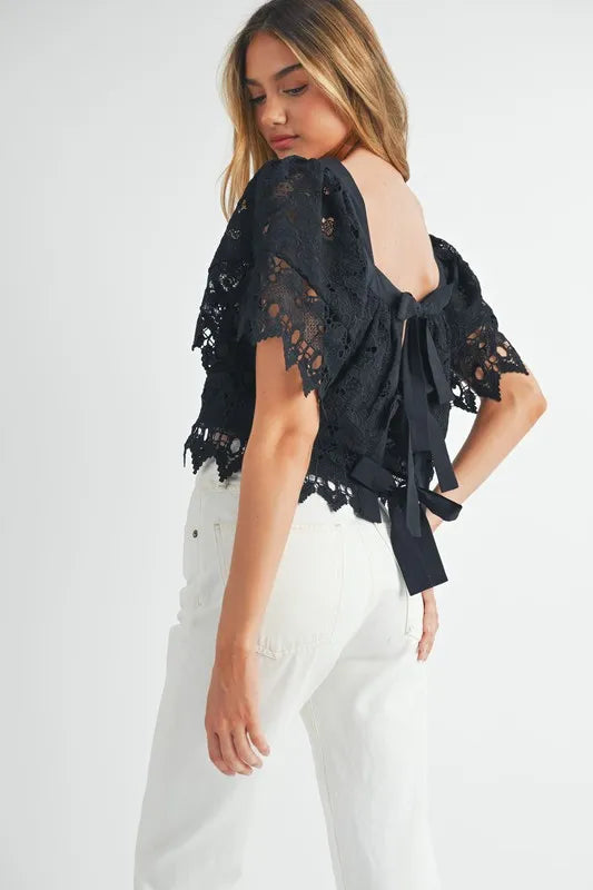 MABLE Square Neck Crochet Lace Top With Double Bow Tie
