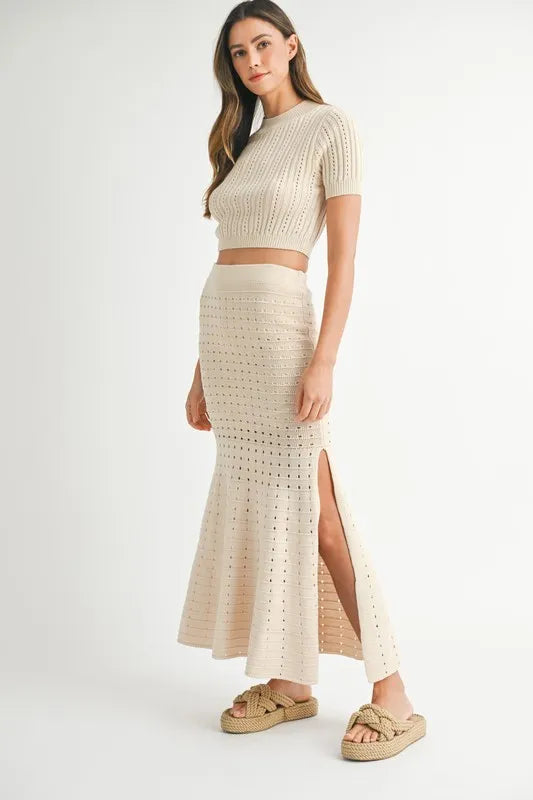 MABLE Pointelle Short Sleeve Crop Top and Slit Skirt Sweater Set