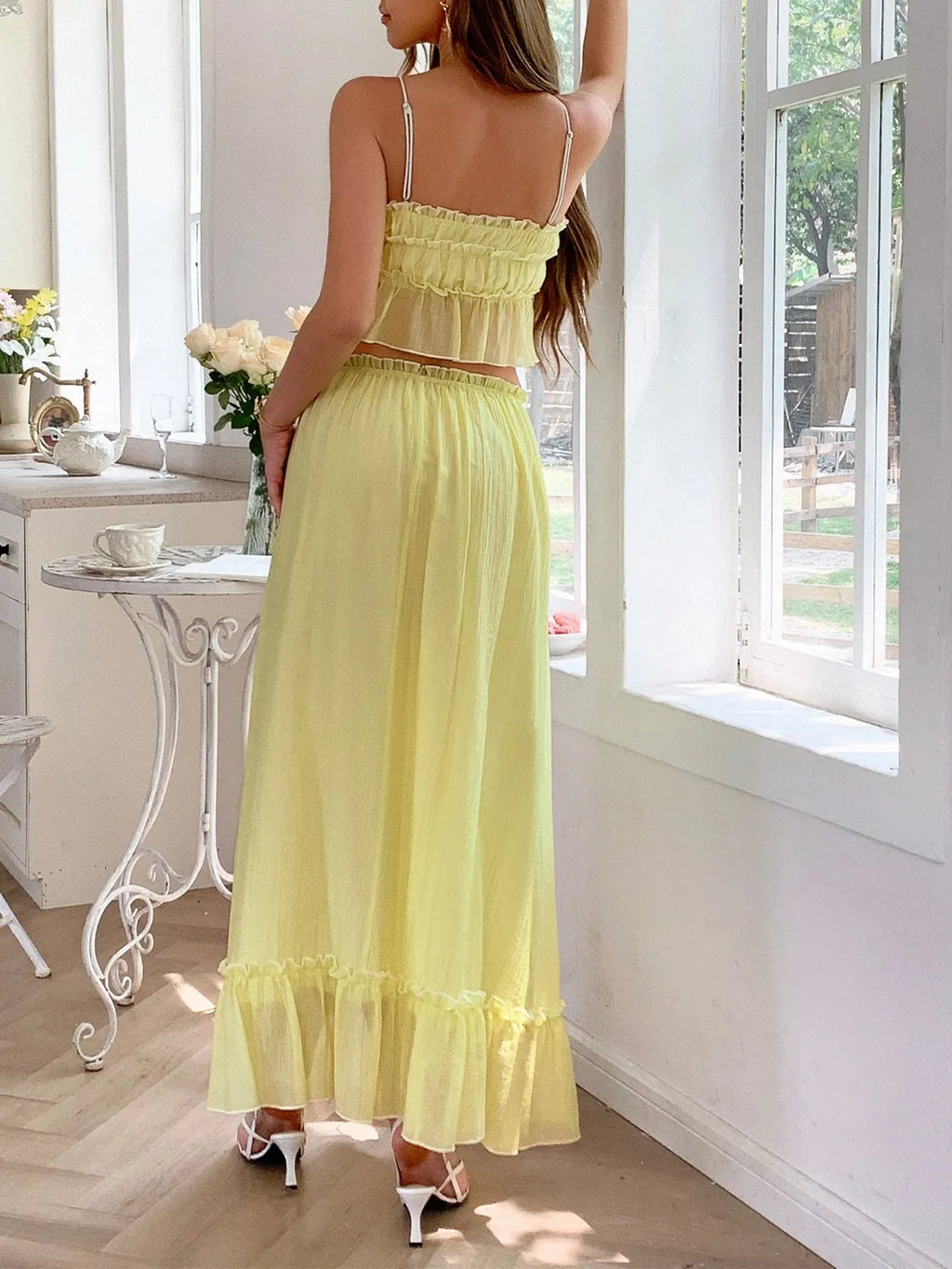 Frill Square Neck Cami and Skirt Set