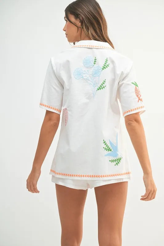 MABLE Embroidered Button Down Shirt and Shorts Set