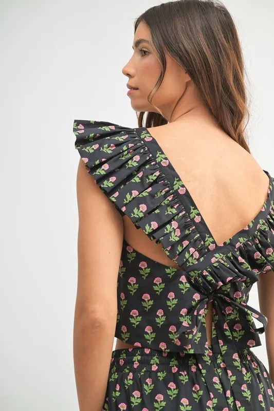 MABLE Floral Print Ruffle Top and Pants Set