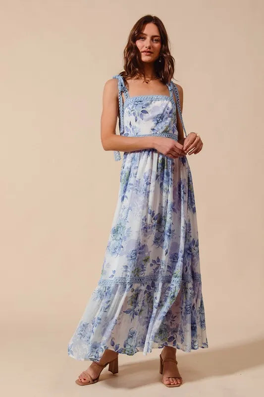 SO ME Floral Print Flowy Maxi Dress with Lace Ribbon Tie
