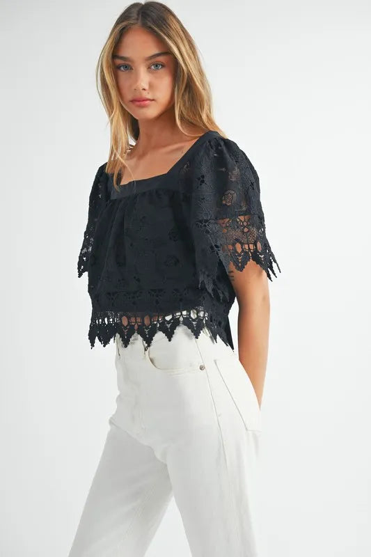 MABLE Square Neck Crochet Lace Top With Double Bow Tie