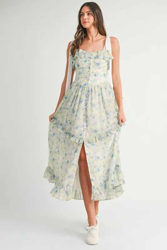 MABLE Floral Printed Shoulder Strap Midi Dress
