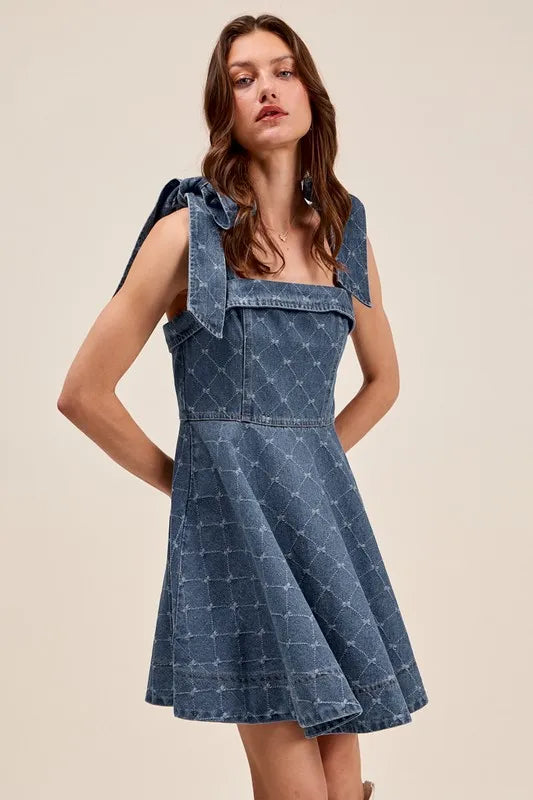 SO ME A Line Fit and Flare Diamond Bow Ribbon Denim Dres