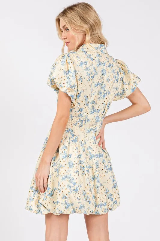 GeeGee Floral Eyelet Zipper Front Puff Sleeve Mini Dress