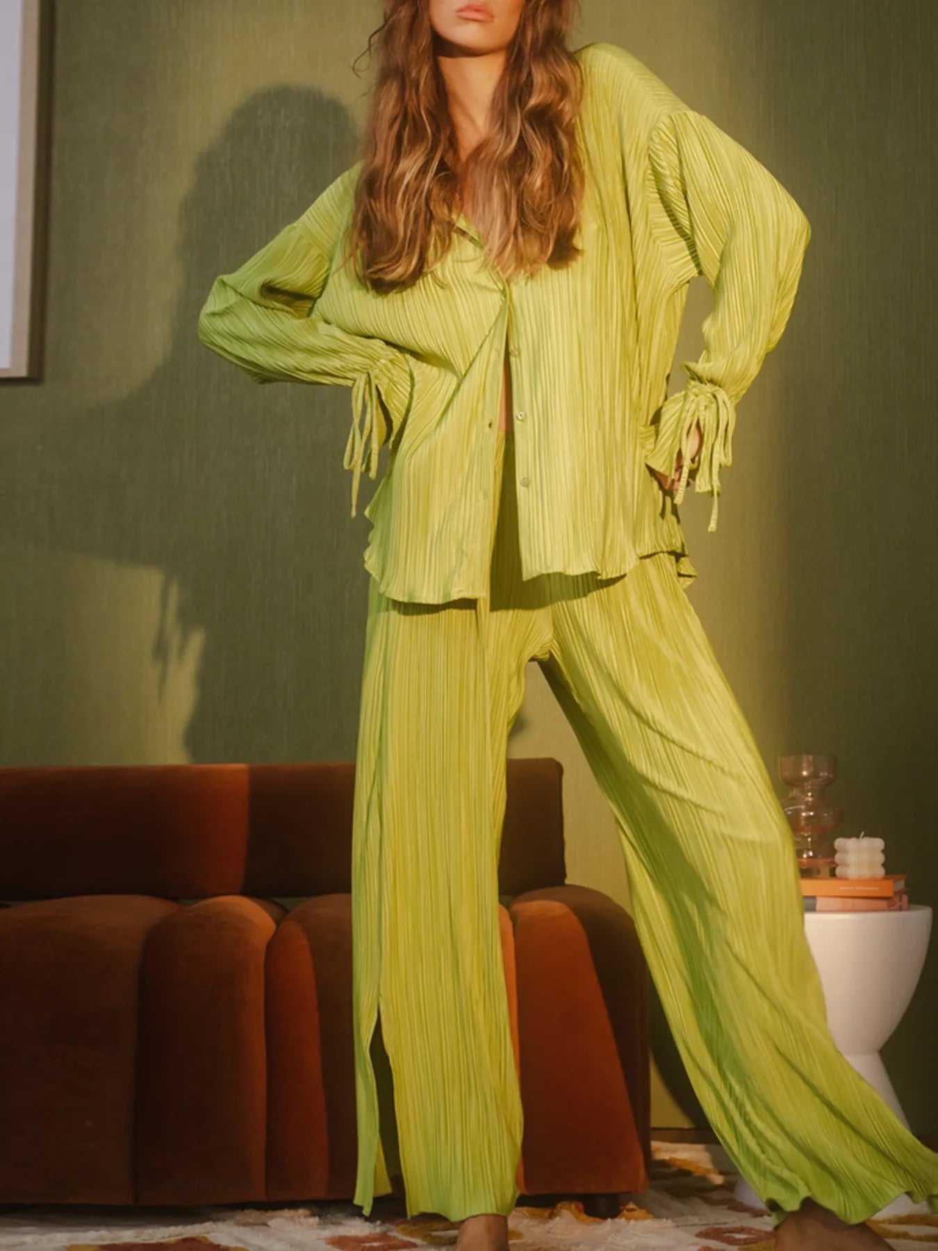 Button Up Long Sleeve Top and Pants Set