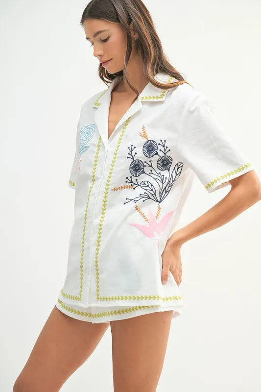 MABLE Embroidered Button Down Shirt and Shorts Set