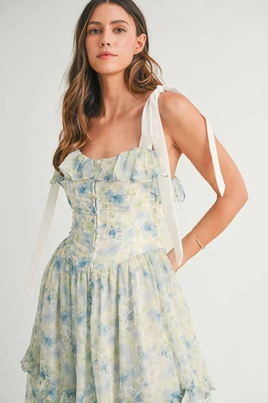 MABLE Floral Printed Shoulder Strap Midi Dress