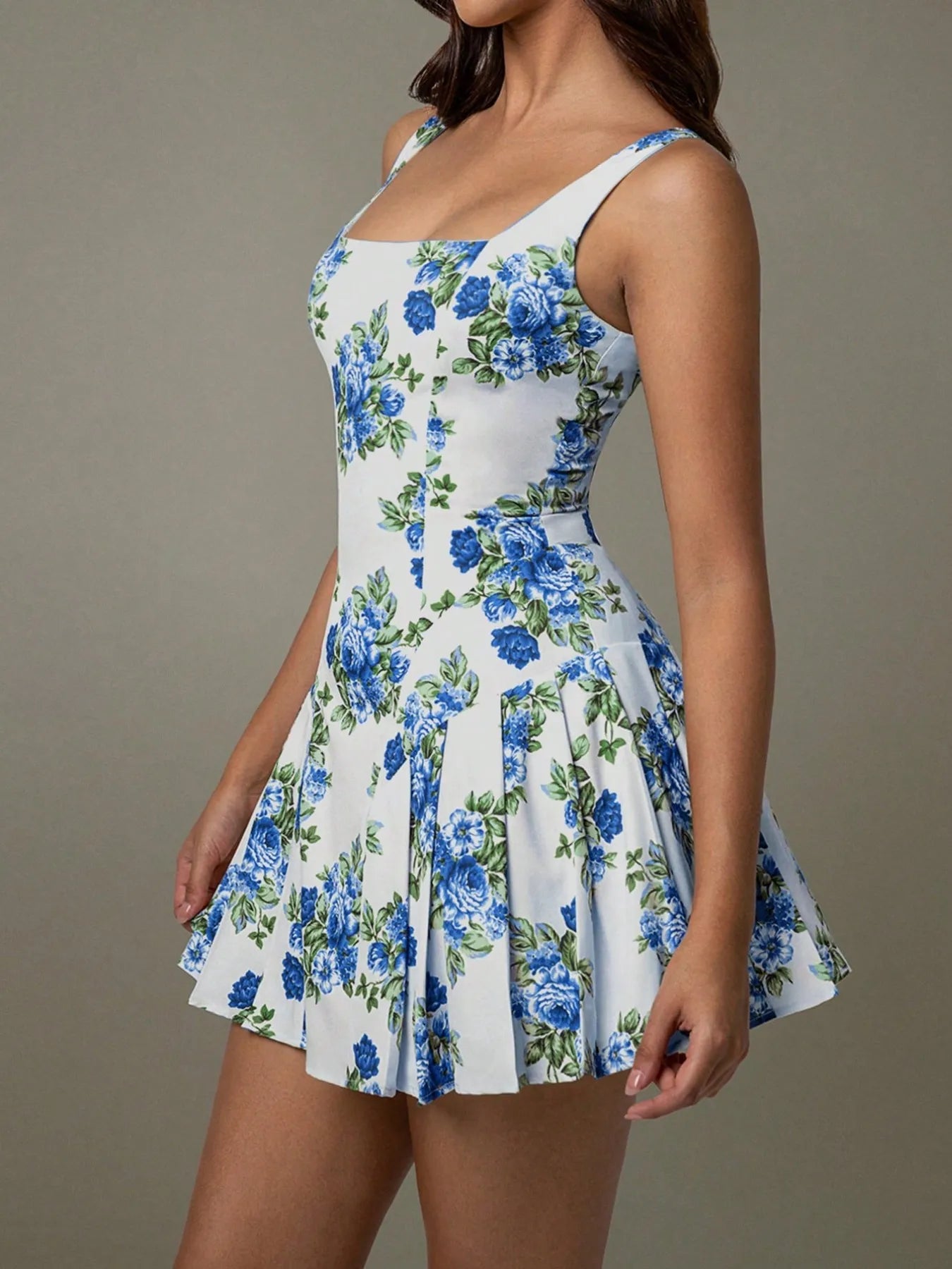 Pleated Floral Print Square Neck Mini Dress