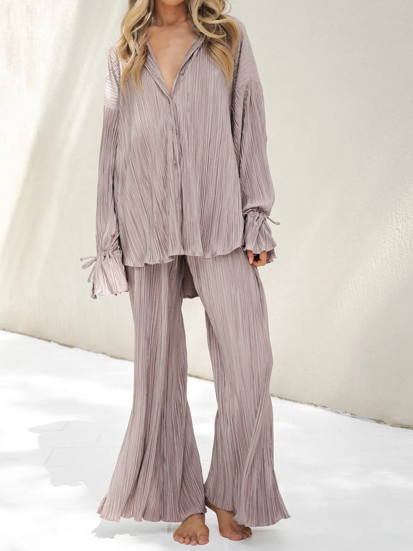 Button Up Long Sleeve Top and Pants Set