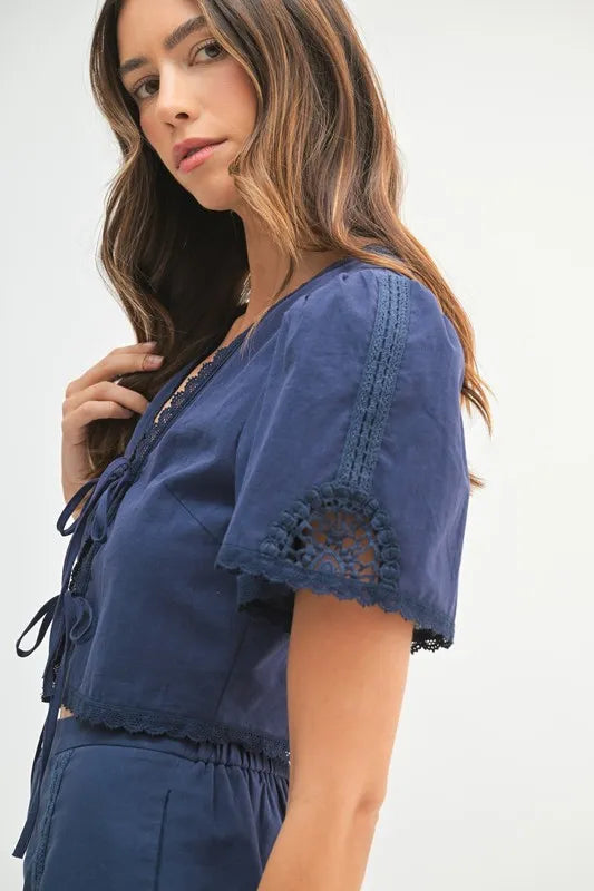 MABLE Crochet Lace Detail Crop Top and Shorts Set