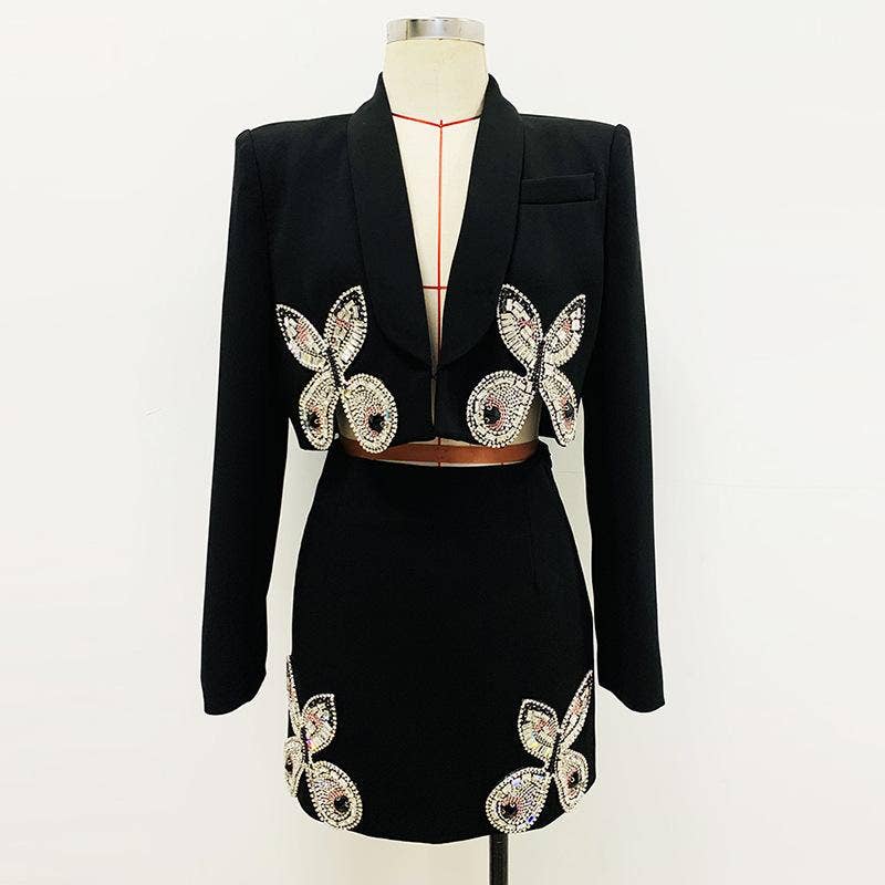 Madeline Black Crystal Butterfly Black Blazer and Mini Skirt Two Piece Set