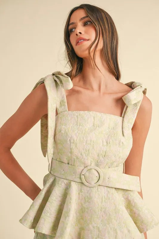 MABLE Jacquard Floral Peplum Top and Flare Shorts Set