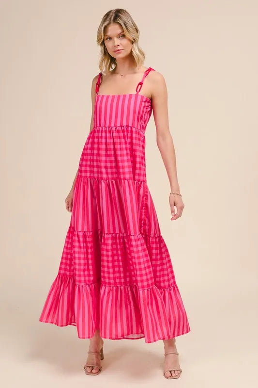 SO ME Stripe Tiered Maxi Dress with Colorful Chain Strap