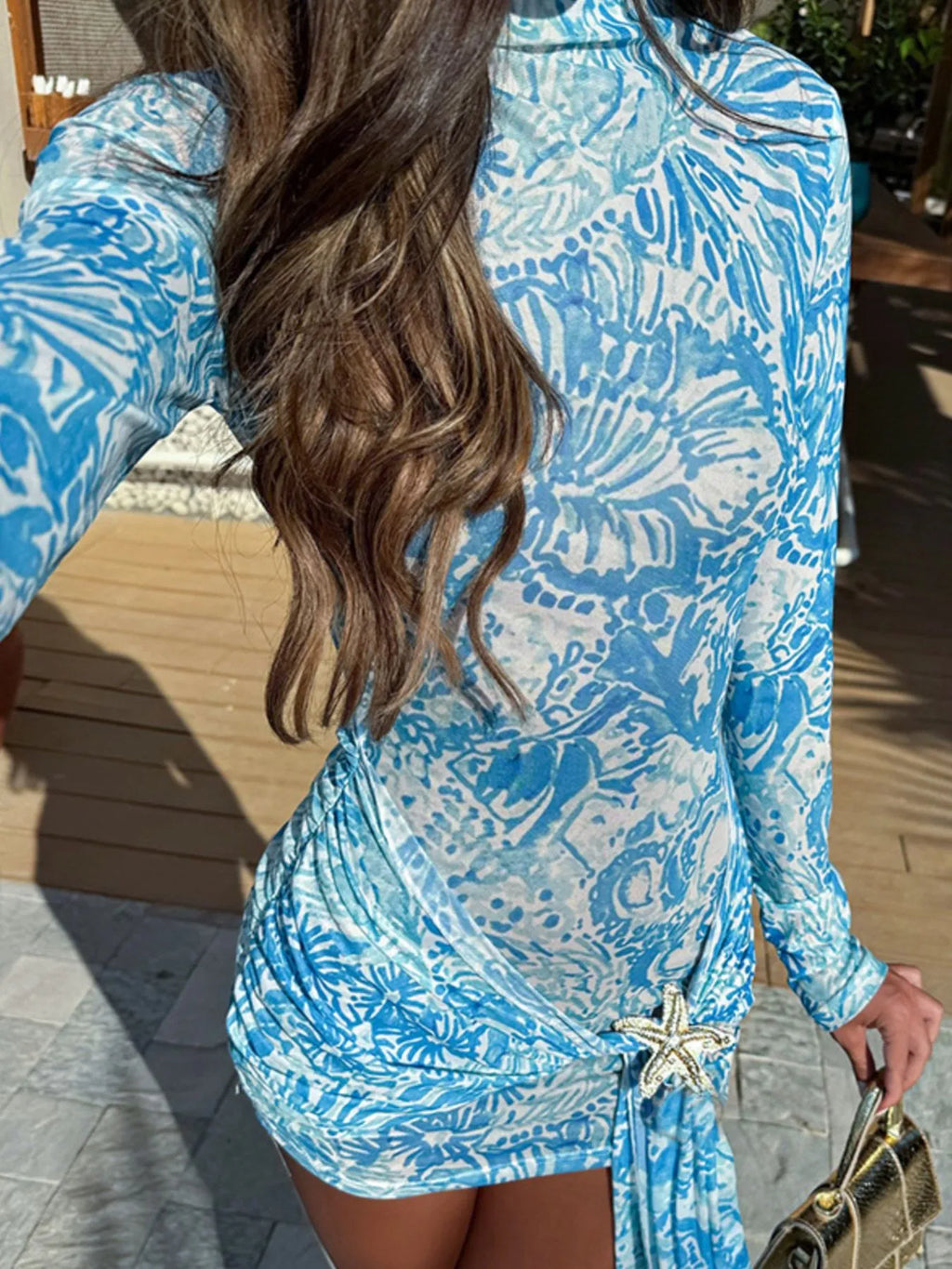 Printed Mock Neck Long Sleeve Mini Dress
