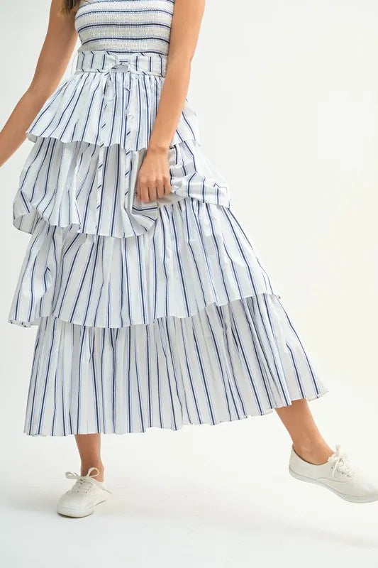 MABLE Pin Stripe Smocked Bodice Layered Midi Dress